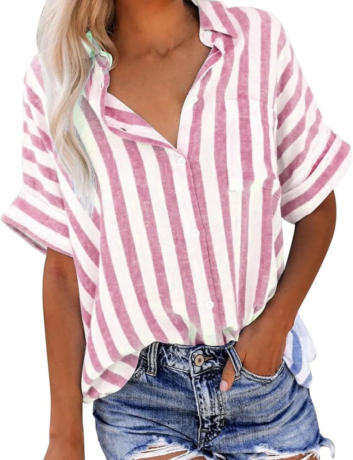Women's Striped Linen Cotton Shirts Button Down Short Sleeve Blouses Collared Summer Casual Stylish V Neck Tops