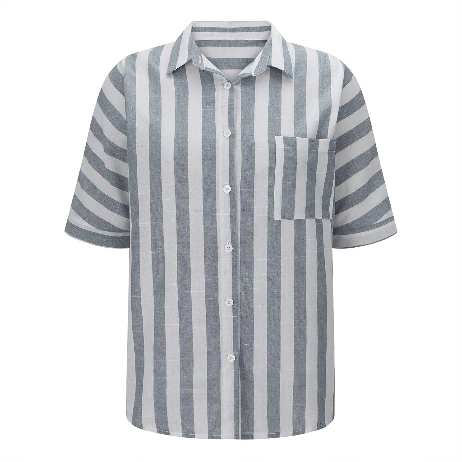 Women's Striped Linen Cotton Shirts Button Down Short Sleeve Blouses Collared Summer Casual Stylish V Neck Tops