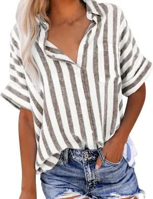 Women's Striped Linen Cotton Shirts Button Down Short Sleeve Blouses Collared Summer Casual Stylish V Neck Tops