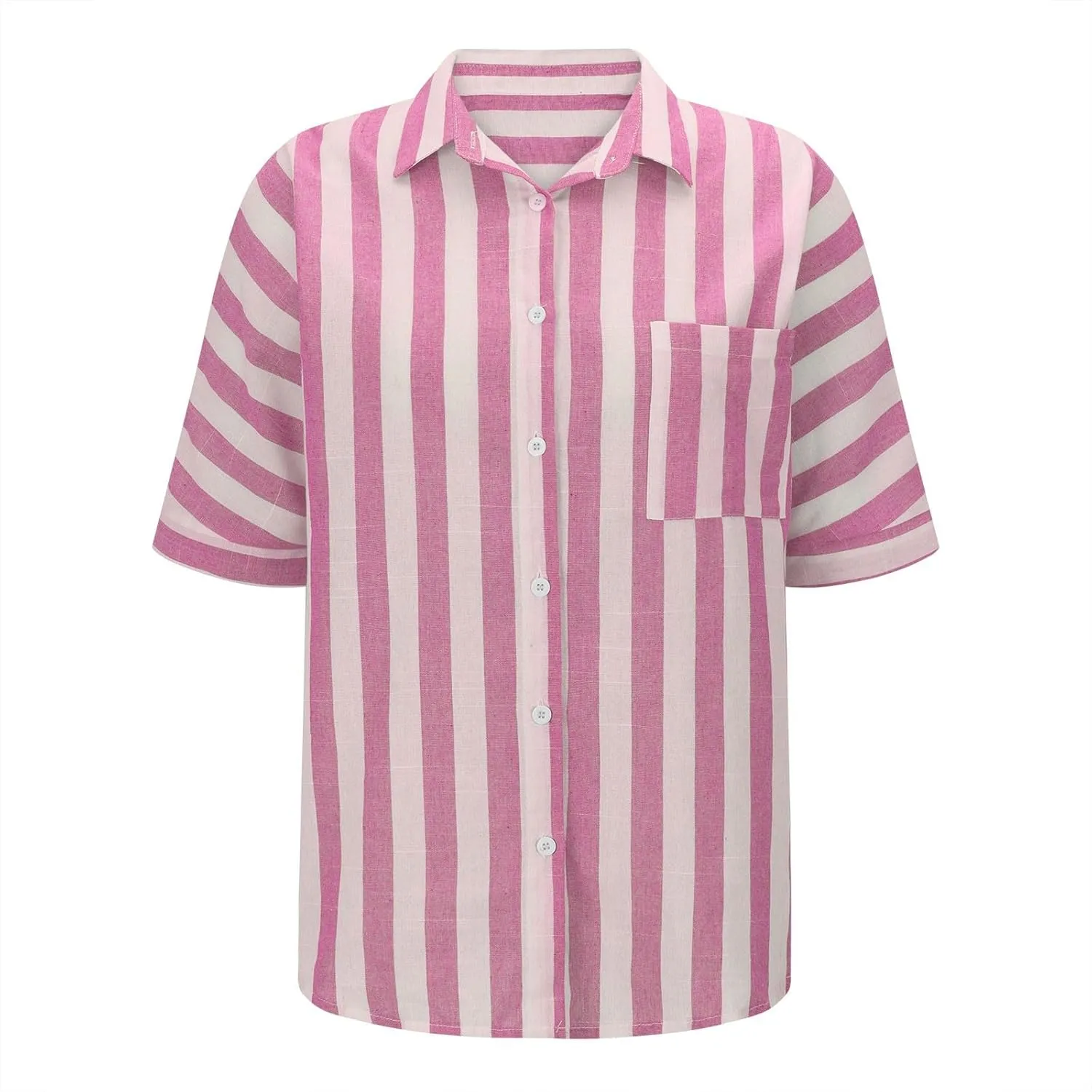 Women's Striped Linen Cotton Shirts Button Down Short Sleeve Blouses Collared Summer Casual Stylish V Neck Tops