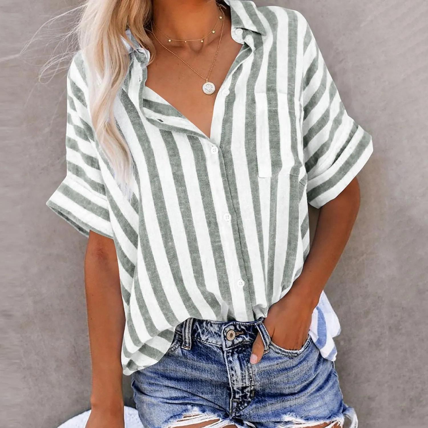 Women's Striped Linen Cotton Shirts Button Down Short Sleeve Blouses Collared Summer Casual Stylish V Neck Tops