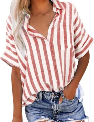 Women's Striped Linen Cotton Shirts Button Down Short Sleeve Blouses Collared Summer Casual Stylish V Neck Tops