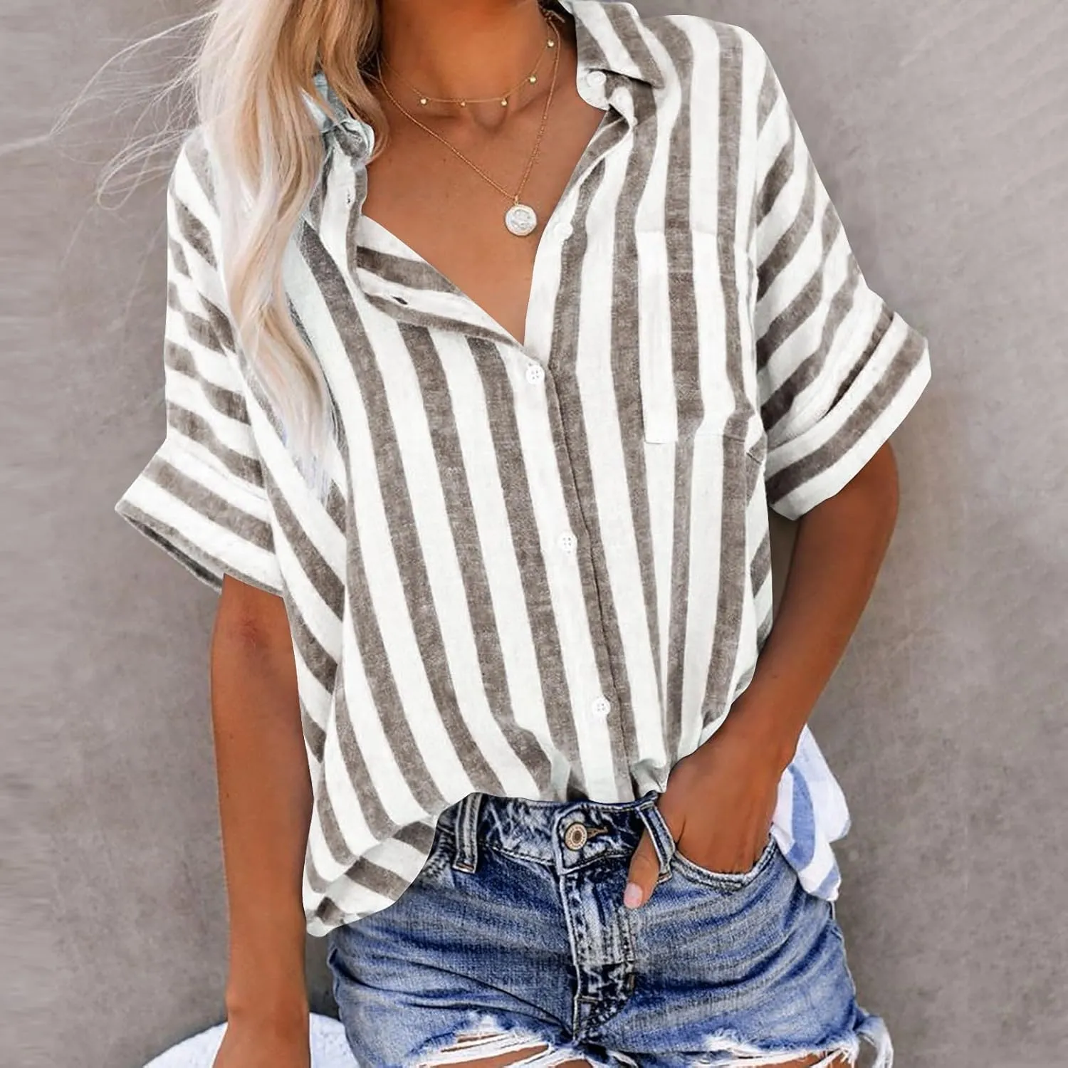 Women's Striped Linen Cotton Shirts Button Down Short Sleeve Blouses Collared Summer Casual Stylish V Neck Tops