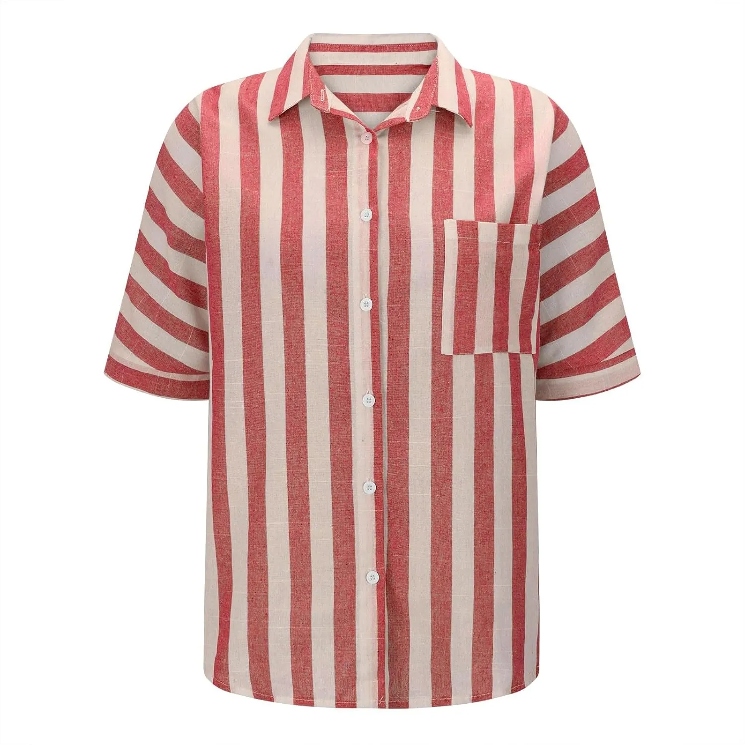 Women's Striped Linen Cotton Shirts Button Down Short Sleeve Blouses Collared Summer Casual Stylish V Neck Tops