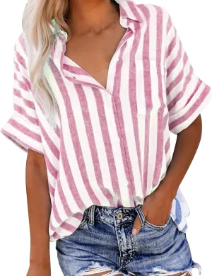 Women's Striped Linen Cotton Shirts Button Down Short Sleeve Blouses Collared Summer Casual Stylish V Neck Tops