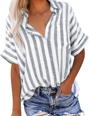 Women's Striped Linen Cotton Shirts Button Down Short Sleeve Blouses Collared Summer Casual Stylish V Neck Tops