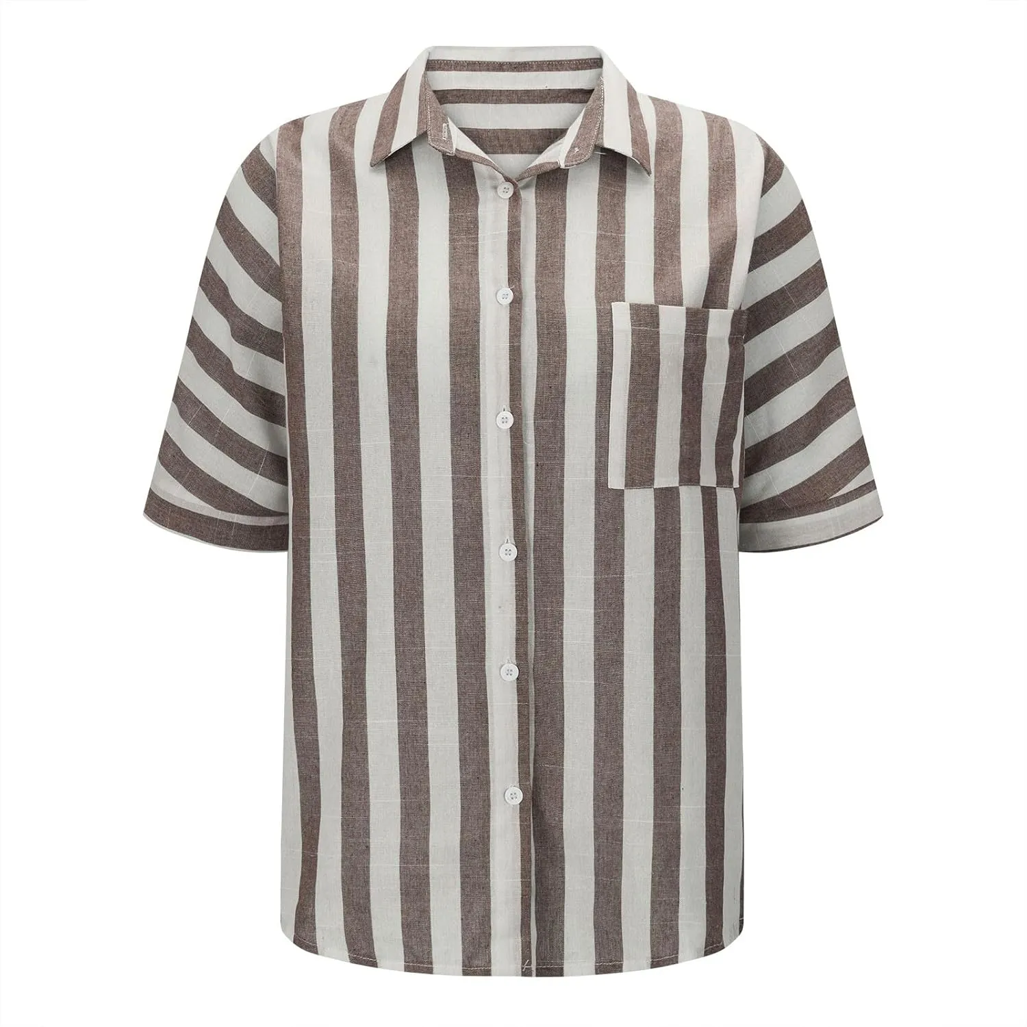 Women's Striped Linen Cotton Shirts Button Down Short Sleeve Blouses Collared Summer Casual Stylish V Neck Tops