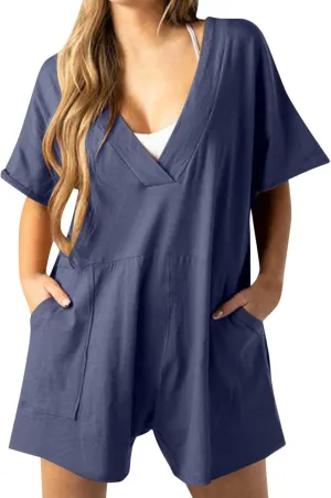 Womens Summer 2025 Plus Size Romper Jumpsuits with Pockets Short Sleeve V Neck Trendy Casual Overall Shorts