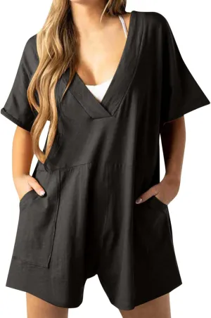 Womens Summer 2025 Plus Size Romper Jumpsuits with Pockets Short Sleeve V Neck Trendy Casual Overall Shorts