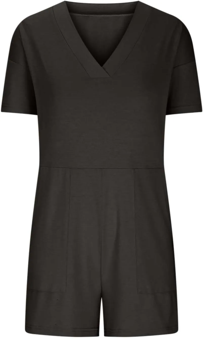 Womens Summer 2025 Plus Size Romper Jumpsuits with Pockets Short Sleeve V Neck Trendy Casual Overall Shorts