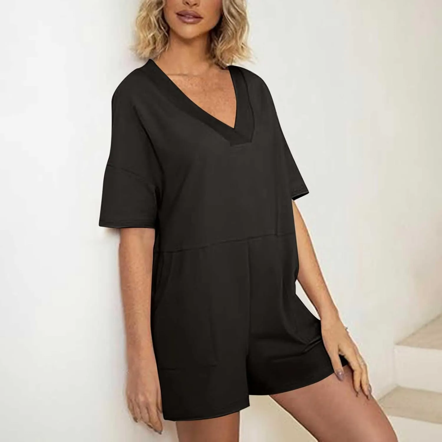 Womens Summer 2025 Plus Size Romper Jumpsuits with Pockets Short Sleeve V Neck Trendy Casual Overall Shorts