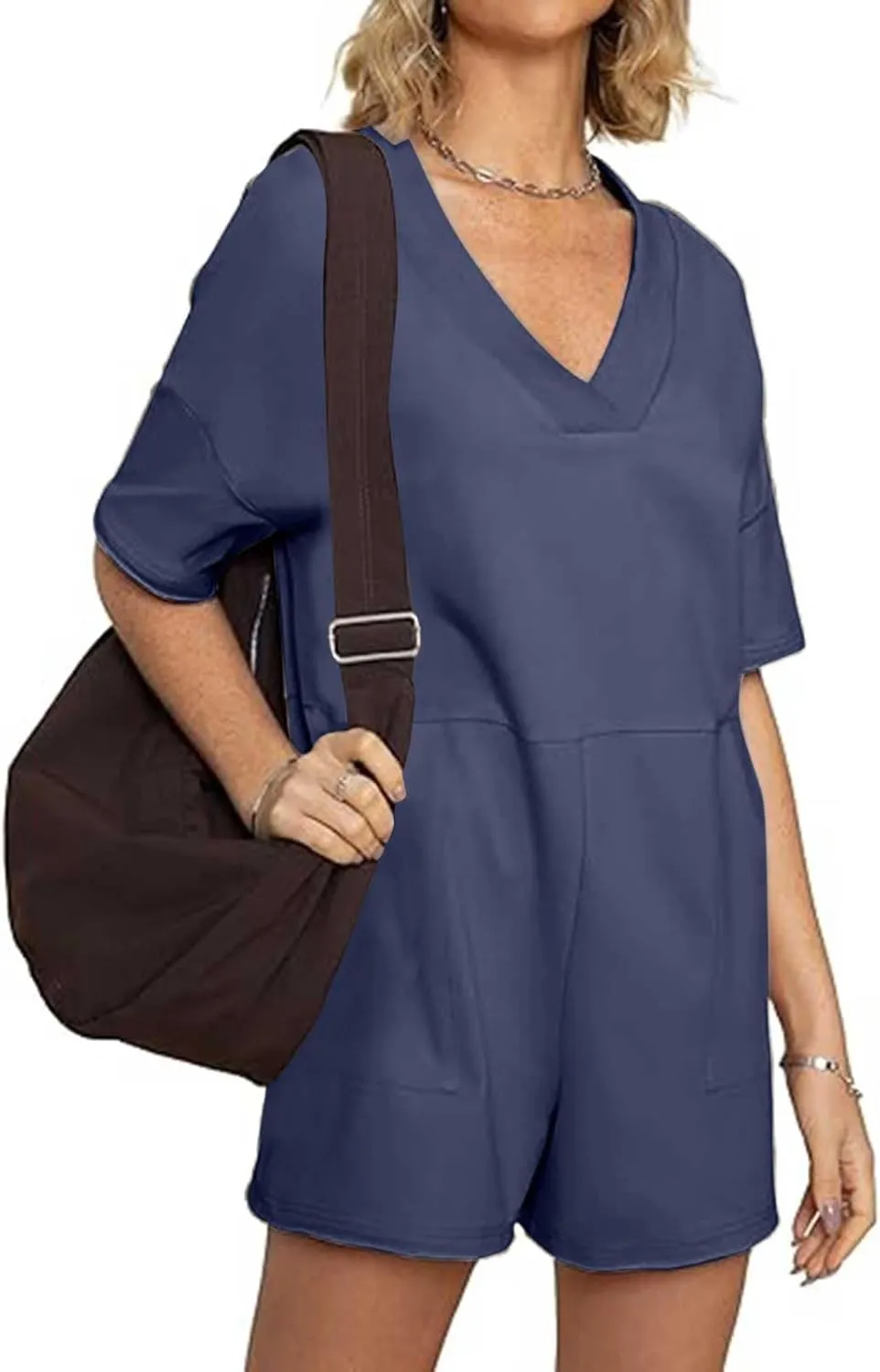 Womens Summer 2025 Plus Size Romper Jumpsuits with Pockets Short Sleeve V Neck Trendy Casual Overall Shorts