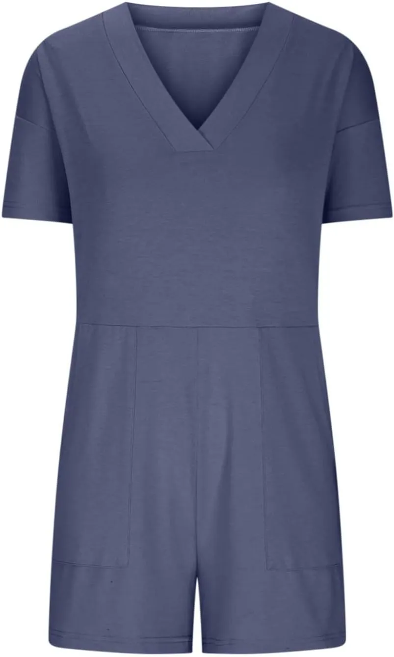 Womens Summer 2025 Plus Size Romper Jumpsuits with Pockets Short Sleeve V Neck Trendy Casual Overall Shorts