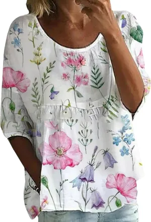 Women's Summer Boho Floral 3/4 Sleeve Tunic Top Flowy Casual Loose Cute Plus Size Pleated Blouse Shirts