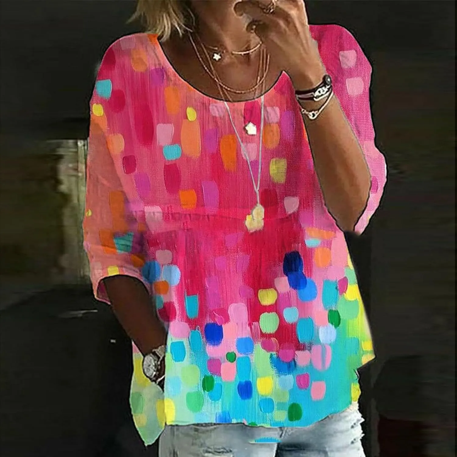 Women's Summer Boho Floral 3/4 Sleeve Tunic Top Flowy Casual Loose Cute Plus Size Pleated Blouse Shirts
