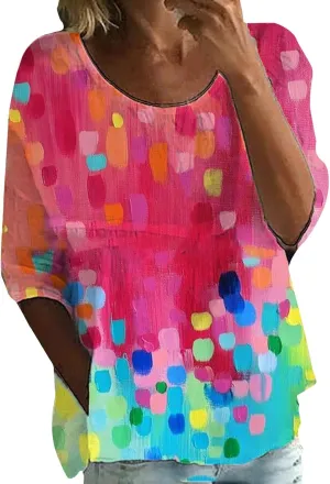 Women's Summer Boho Floral 3/4 Sleeve Tunic Top Flowy Casual Loose Cute Plus Size Pleated Blouse Shirts