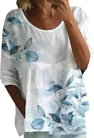 Women's Summer Boho Floral 3/4 Sleeve Tunic Top Flowy Casual Loose Cute Plus Size Pleated Blouse Shirts
