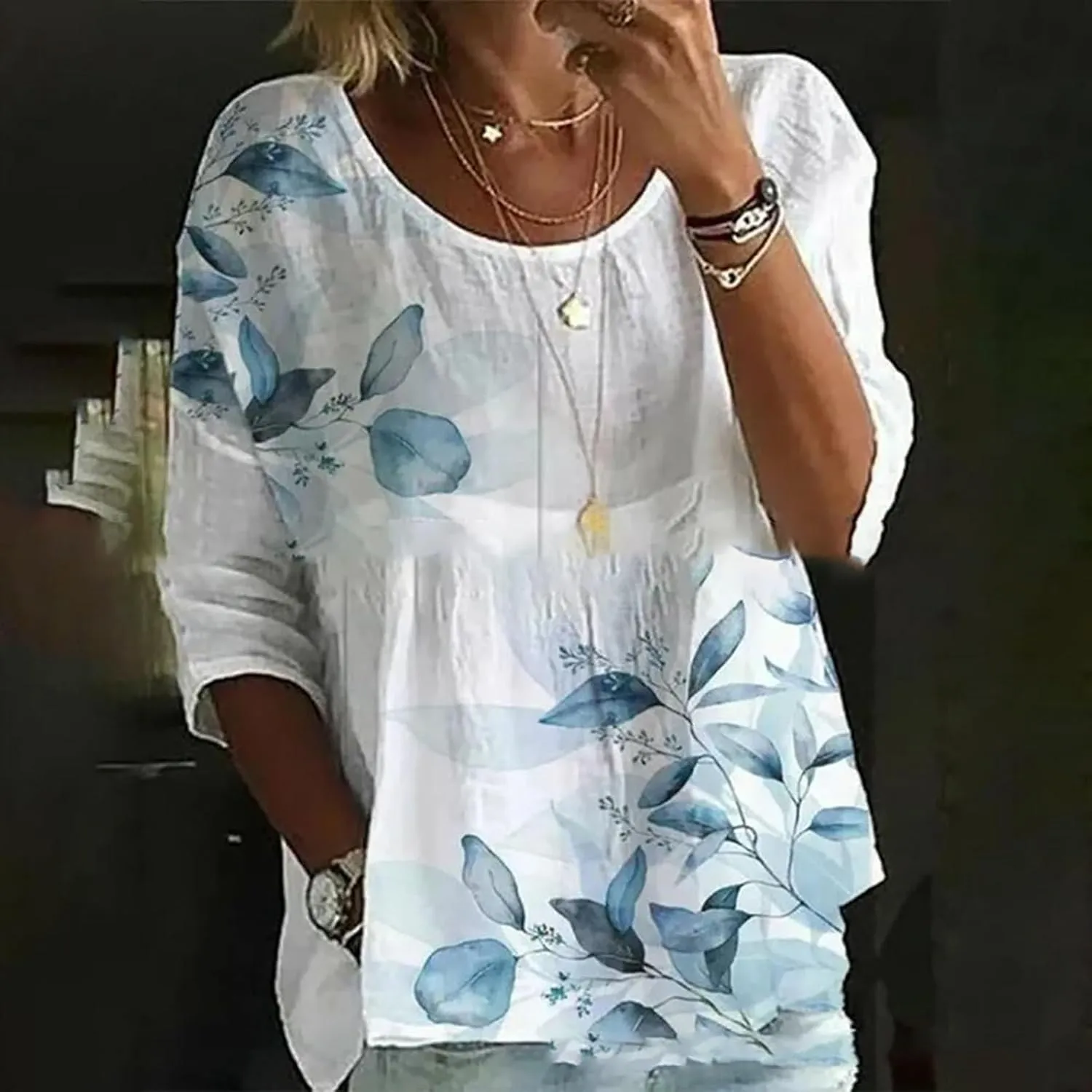 Women's Summer Boho Floral 3/4 Sleeve Tunic Top Flowy Casual Loose Cute Plus Size Pleated Blouse Shirts