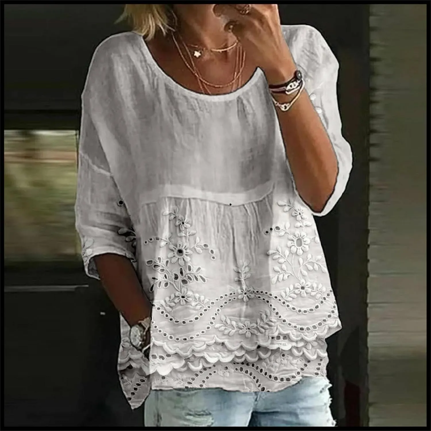 Women's Summer Boho Floral 3/4 Sleeve Tunic Top Flowy Casual Loose Cute Plus Size Pleated Blouse Shirts