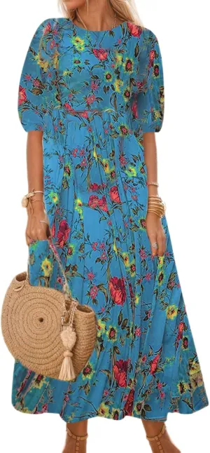 Women's Summer Boho Floral Vacation Maxi Dress Casual Loose Flowy Half Sleeve Crewneck Beach Dress with Pockets