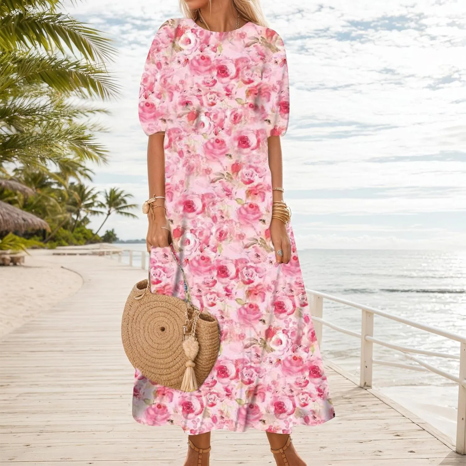 Women's Summer Boho Floral Vacation Maxi Dress Casual Loose Flowy Half Sleeve Crewneck Beach Dress with Pockets