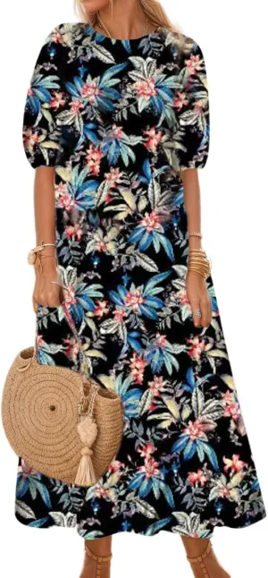 Women's Summer Boho Floral Vacation Maxi Dress Casual Loose Flowy Half Sleeve Crewneck Beach Dress with Pockets