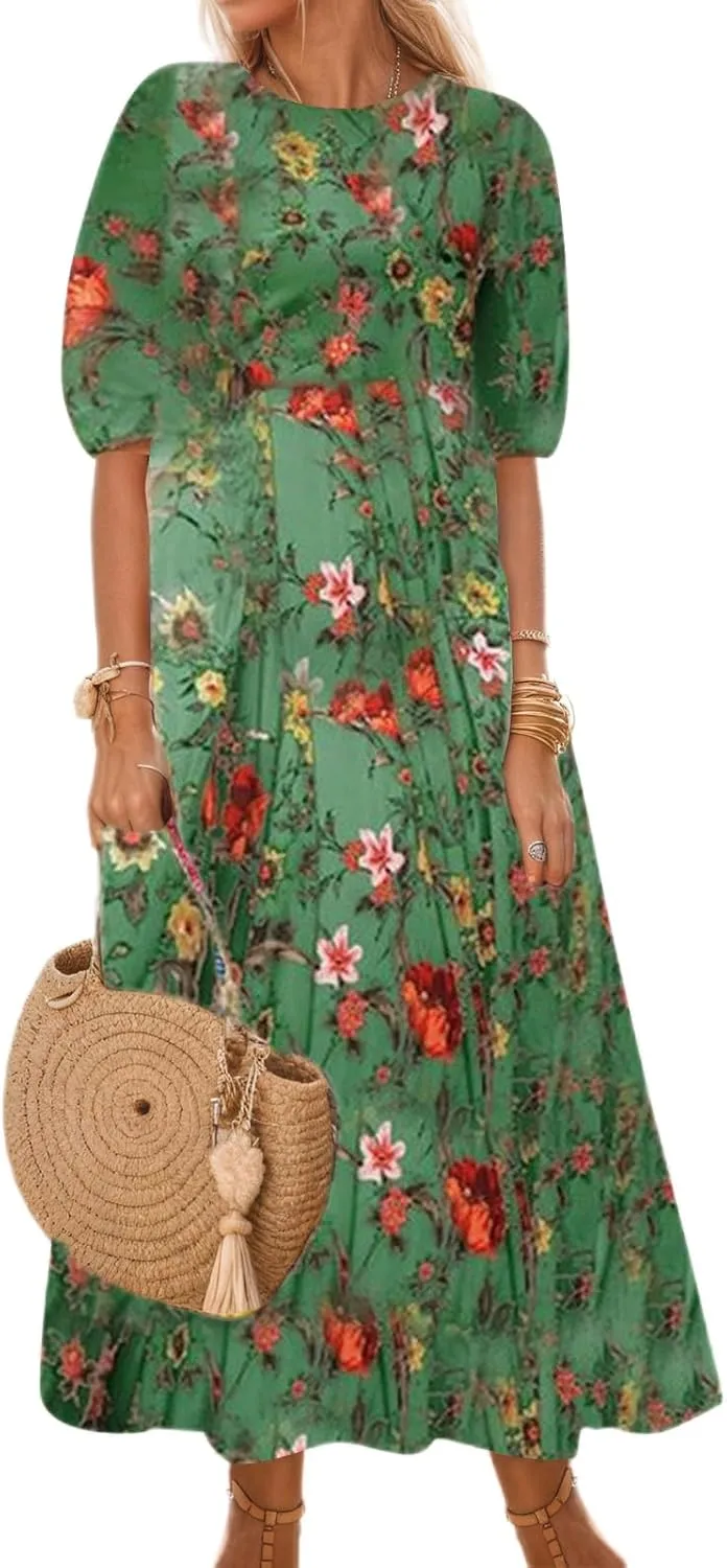 Women's Summer Boho Floral Vacation Maxi Dress Casual Loose Flowy Half Sleeve Crewneck Beach Dress with Pockets