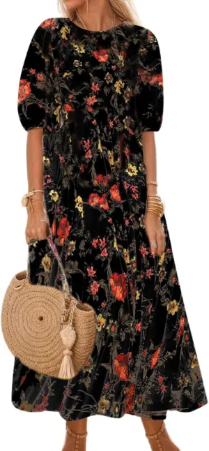 Women's Summer Boho Floral Vacation Maxi Dress Casual Loose Flowy Half Sleeve Crewneck Beach Dress with Pockets