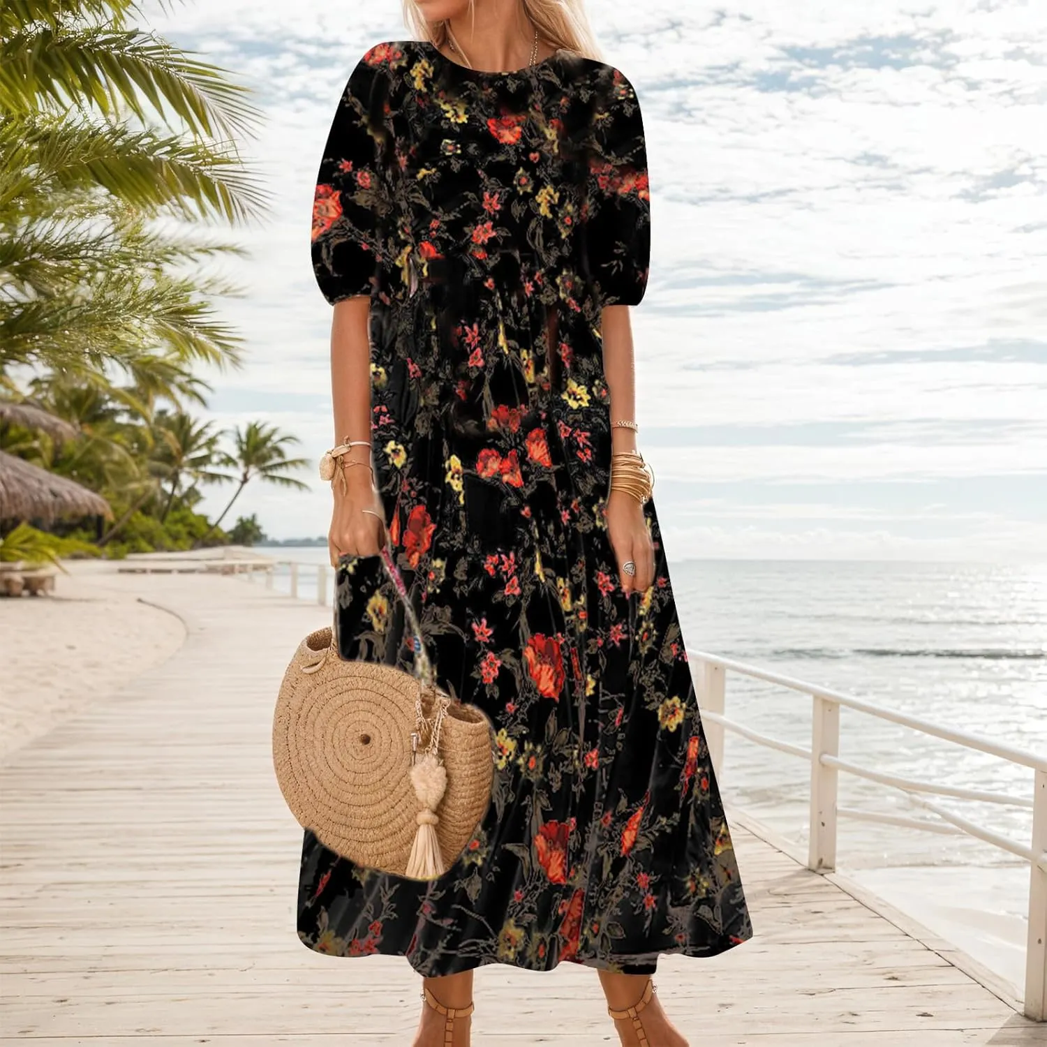 Women's Summer Boho Floral Vacation Maxi Dress Casual Loose Flowy Half Sleeve Crewneck Beach Dress with Pockets