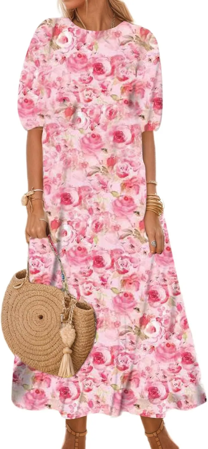 Women's Summer Boho Floral Vacation Maxi Dress Casual Loose Flowy Half Sleeve Crewneck Beach Dress with Pockets