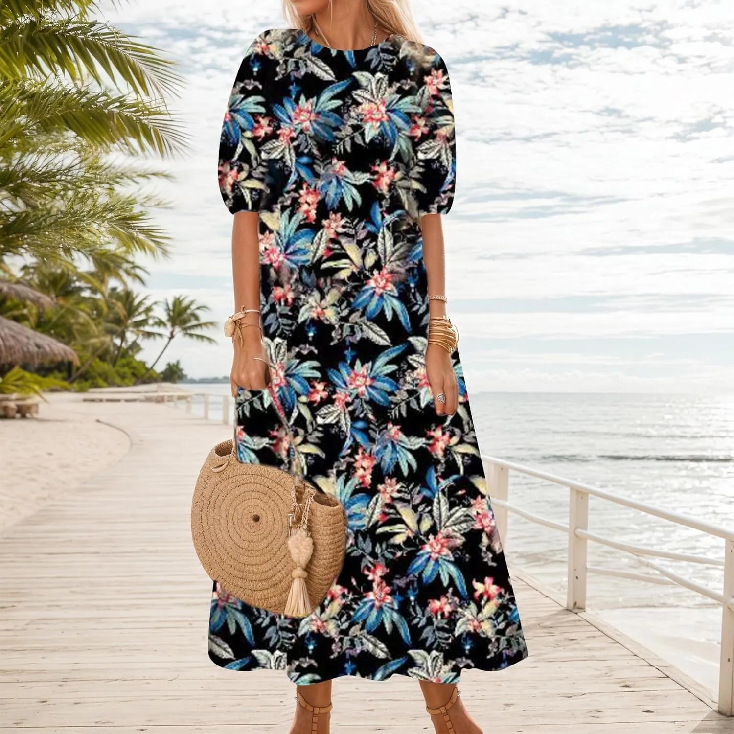 Women's Summer Boho Floral Vacation Maxi Dress Casual Loose Flowy Half Sleeve Crewneck Beach Dress with Pockets