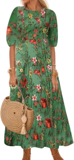 Women's Summer Boho Floral Vacation Maxi Dress Casual Loose Flowy Half Sleeve Crewneck Beach Dress with Pockets