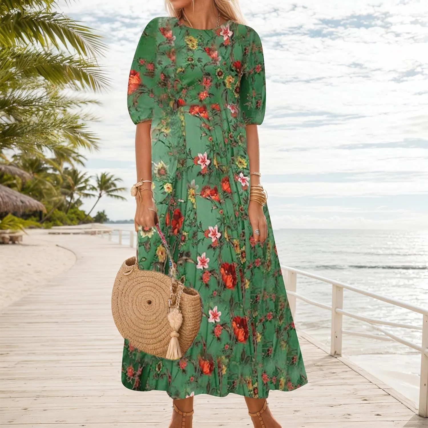 Women's Summer Boho Floral Vacation Maxi Dress Casual Loose Flowy Half Sleeve Crewneck Beach Dress with Pockets