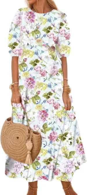 Women's Summer Boho Floral Vacation Maxi Dress Casual Loose Flowy Half Sleeve Crewneck Beach Dress with Pockets