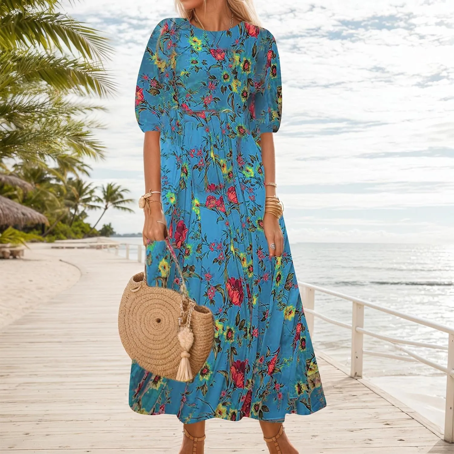 Women's Summer Boho Floral Vacation Maxi Dress Casual Loose Flowy Half Sleeve Crewneck Beach Dress with Pockets
