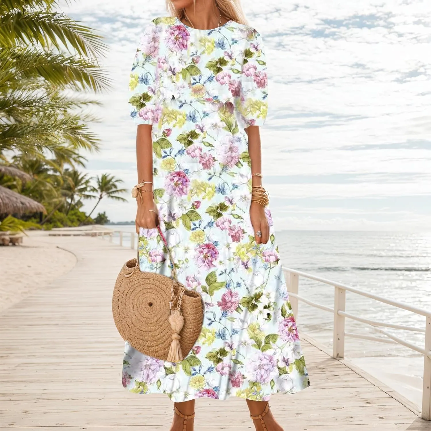 Women's Summer Boho Floral Vacation Maxi Dress Casual Loose Flowy Half Sleeve Crewneck Beach Dress with Pockets