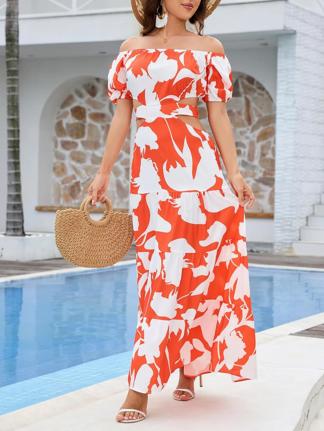 Women's Summer Boho Maxi Dress Off Shoulder Puff Sleeve Cutout Tiered Tie Back Casual Party Long Flowy Dresses