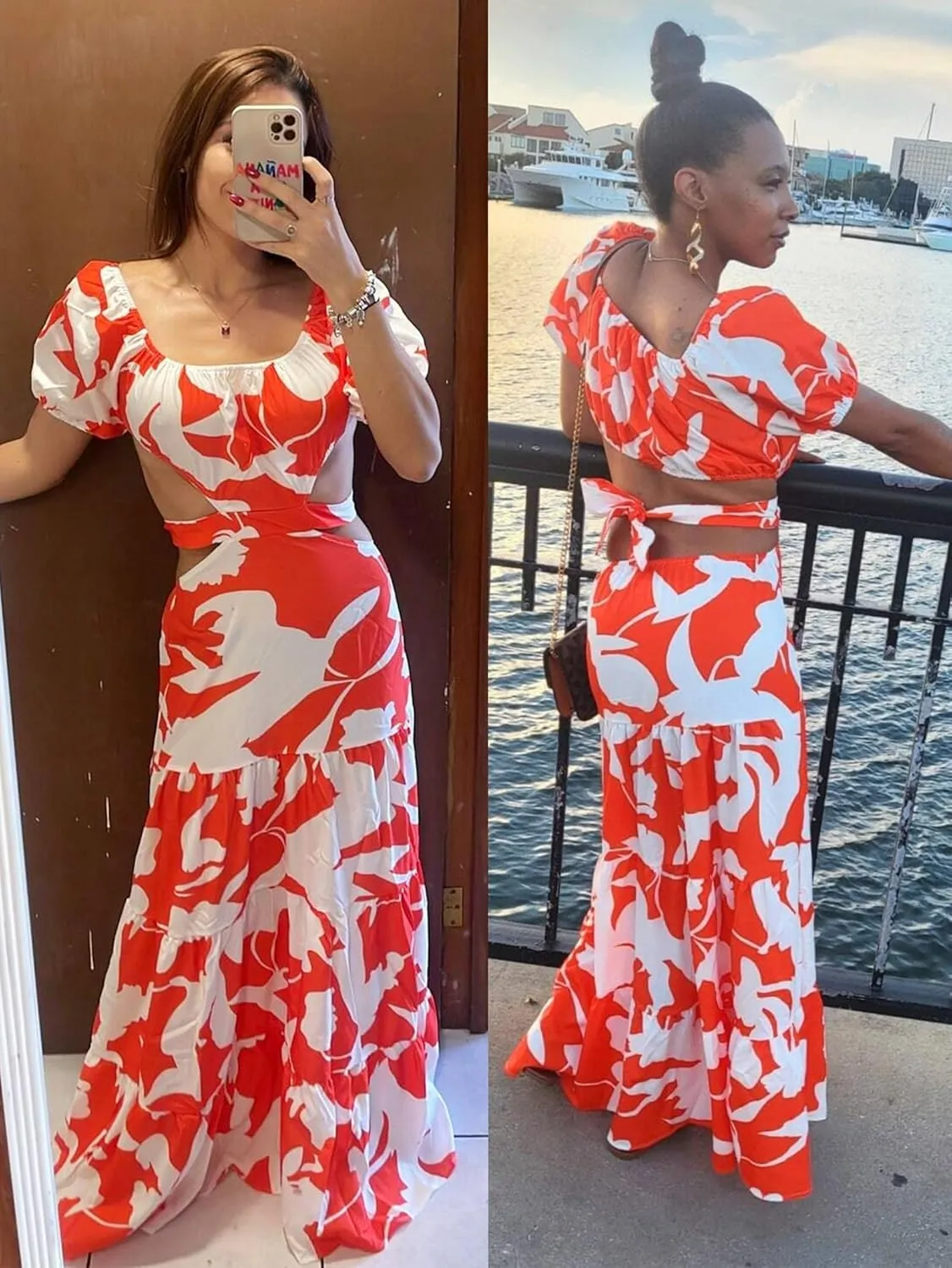 Women's Summer Boho Maxi Dress Off Shoulder Puff Sleeve Cutout Tiered Tie Back Casual Party Long Flowy Dresses