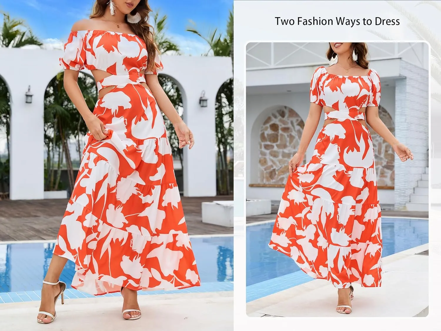 Women's Summer Boho Maxi Dress Off Shoulder Puff Sleeve Cutout Tiered Tie Back Casual Party Long Flowy Dresses