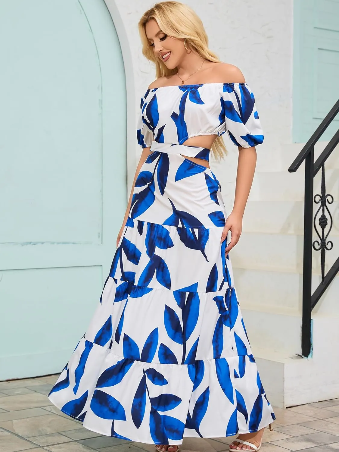 Women's Summer Boho Maxi Dress Off Shoulder Puff Sleeve Cutout Tiered Tie Back Casual Party Long Flowy Dresses