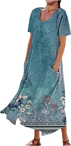 Women's Summer Casual Dress Color Pocket V Neck Sleeveless Casual Dress Square Neck Floral Midi Dresses 2025