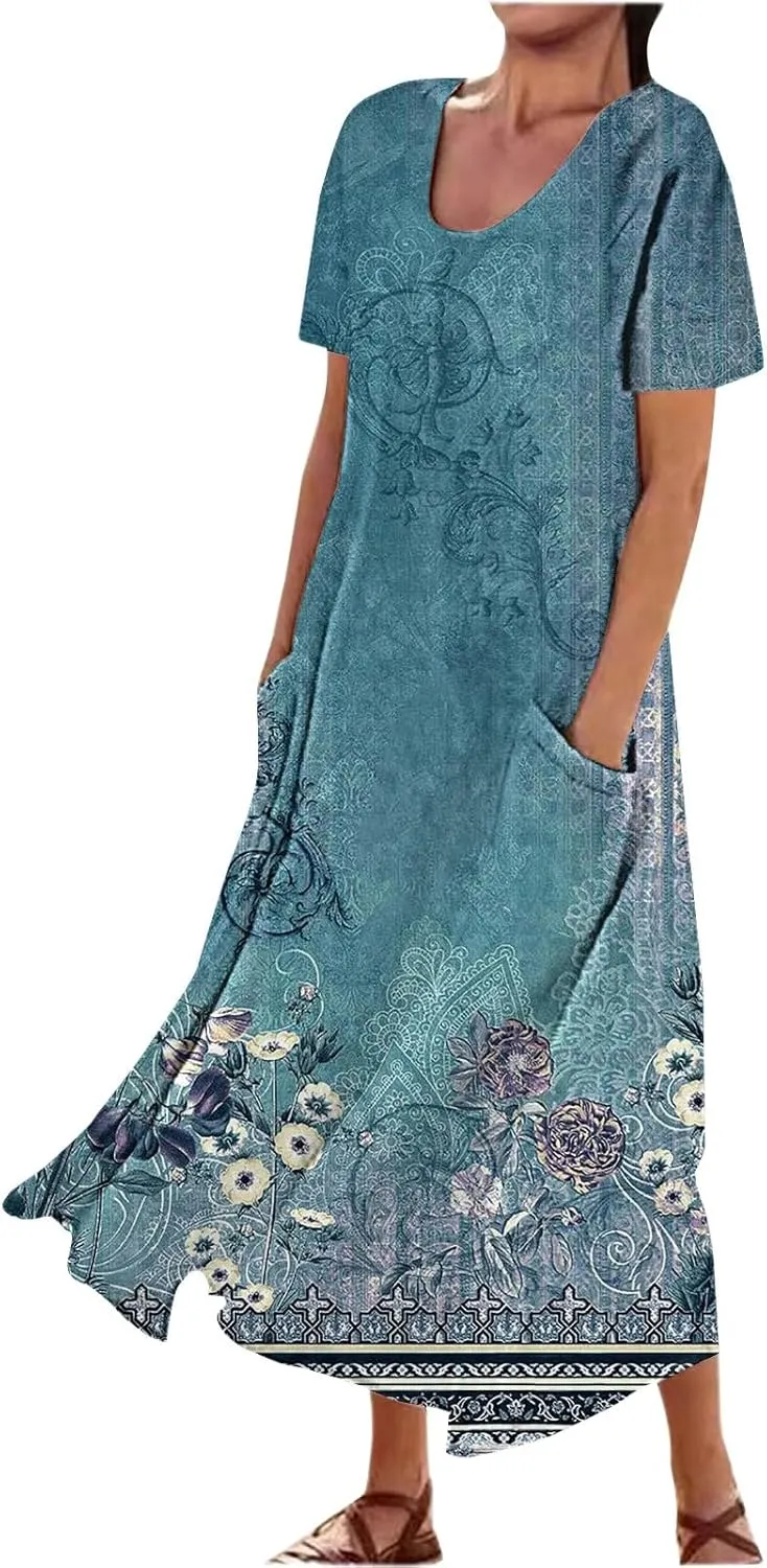 Women's Summer Casual Dress Color Pocket V Neck Sleeveless Casual Dress Square Neck Floral Midi Dresses 2025