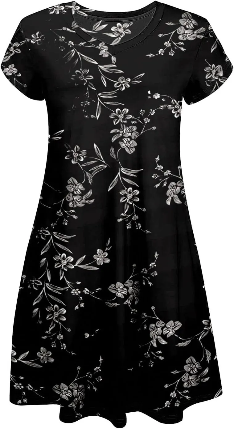 Women's Summer Casual Dress Midi Short Sleeve Round Neck Dresses Elegant Pleated with Side V Neck A-Line Midi Dress
