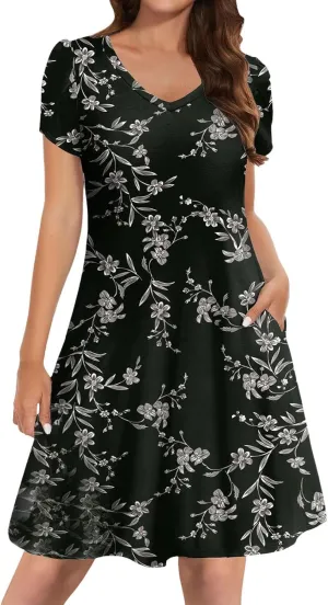Women's Summer Casual Dress Midi Short Sleeve Round Neck Dresses Elegant Pleated with Side V Neck A-Line Midi Dress