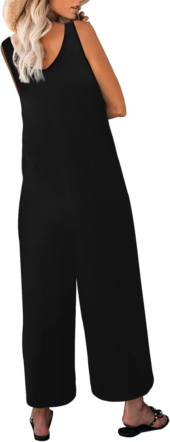 Women's Summer Casual Loose Tank Jumpsuit Sleeveless Crewneck Long Pants Jumpsuit Romper with Pockets