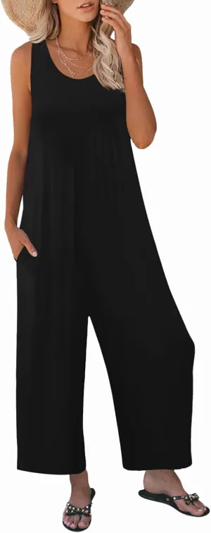 Women's Summer Casual Loose Tank Jumpsuit Sleeveless Crewneck Long Pants Jumpsuit Romper with Pockets