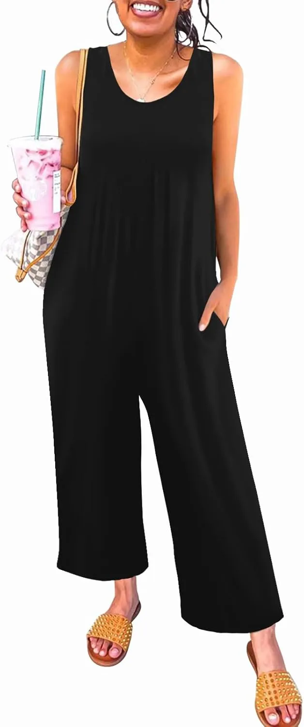 Women's Summer Casual Loose Tank Jumpsuit Sleeveless Crewneck Long Pants Jumpsuit Romper with Pockets
