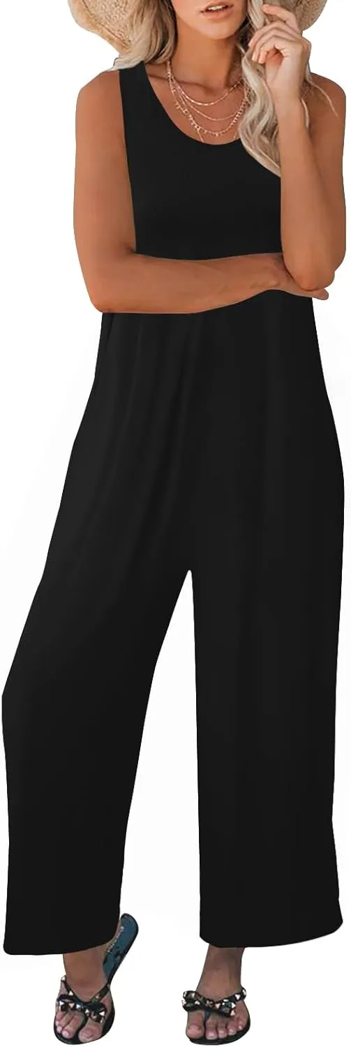 Women's Summer Casual Loose Tank Jumpsuit Sleeveless Crewneck Long Pants Jumpsuit Romper with Pockets