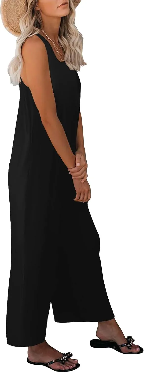 Women's Summer Casual Loose Tank Jumpsuit Sleeveless Crewneck Long Pants Jumpsuit Romper with Pockets