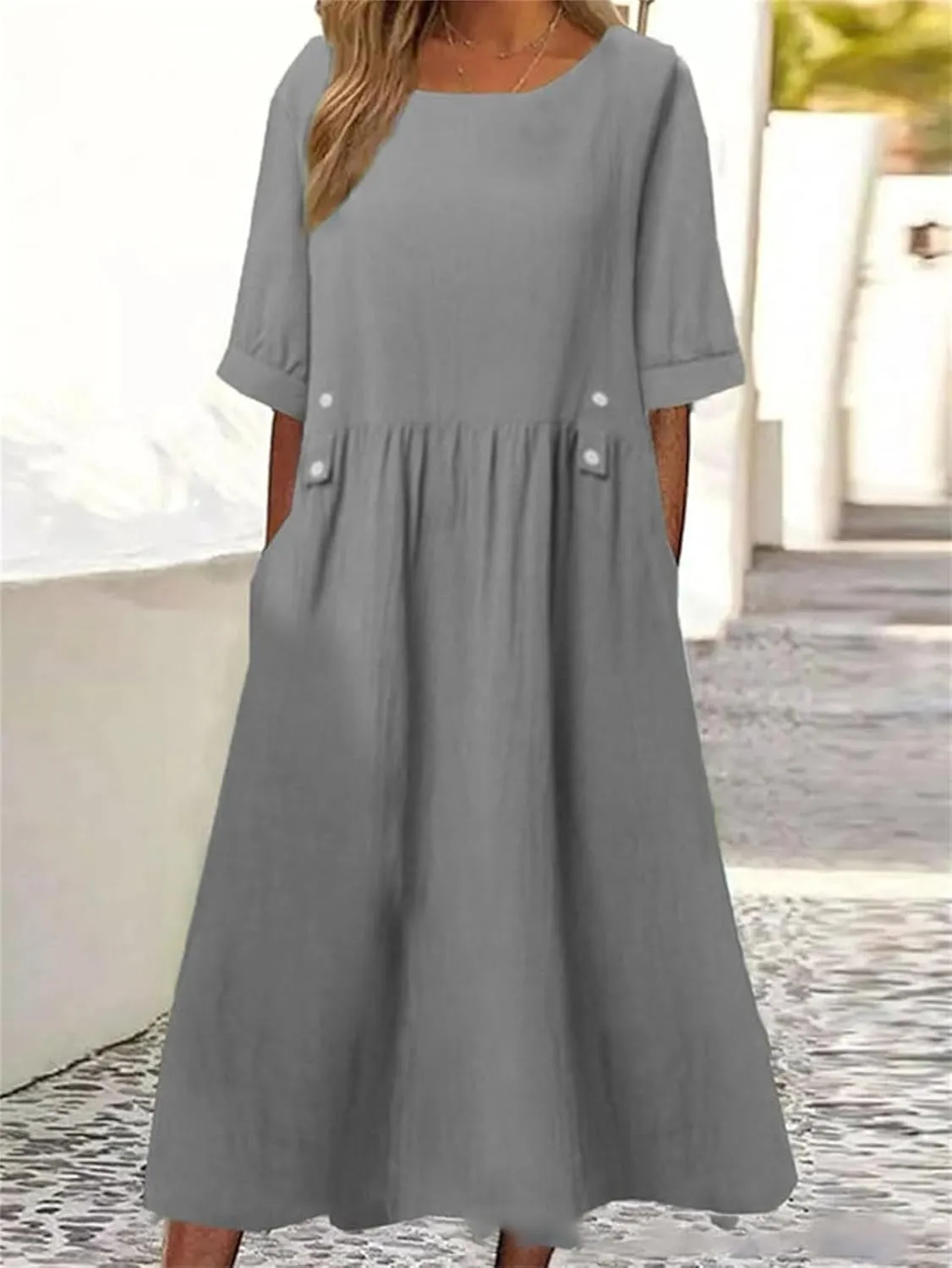 Women's Summer Cotton Linen Casual Midi Dress Plus Size Short Sleeve Flowy Beach Long Dresses Vacation Party Dresses